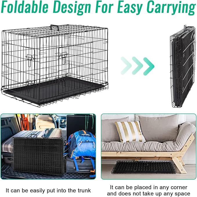 FDW Dog Crate for Large Dogs 42 Inch Folding Metal WirePet Cage Double Door W/Divider Panel Indoor Outdoor Kennel Leak-Proof Plastic Tray,Black-PurrikoPets