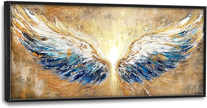 Extra Large Angel Wings Framed Wall Art for Living Room,Oversized Golden Wings Pictures Wall Decor,Holy Gold Blue Canvas Print Painting Modern Artwork Bedroom Office Bathroom 60L" x 30W"-PurrikoPets
