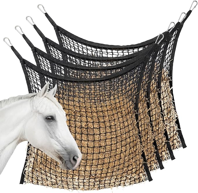 4 PCS Slow Feed Hay Net for Horses, Large Capacity Hay Bags for Horses Goats Sheep Donkey Trailer Full Day Feeding, Easy to Fill and Hang, Black, 35 x 31 Inch-PurrikoPets