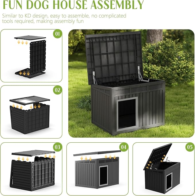 Dog House Indoor Outdoor,Resin Waterproof Puppy Shelter with Air Vents and Elevated Floor,Air Rod on Top to Open,Dog Kennel for Small to Large Dogs(Black,42.87 * 32.95 * 31.61)-PurrikoPets
