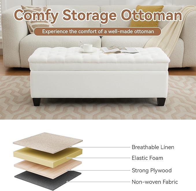 51" Fabric Storage Ottoman Bench, Upholstered Rectangle End of Bed Storage Ottoman Tufted Living Room Bedroom Bench with Safety Hinge, Solid Wood Legs, Loads 500 lb(Beige)-PurrikoPets