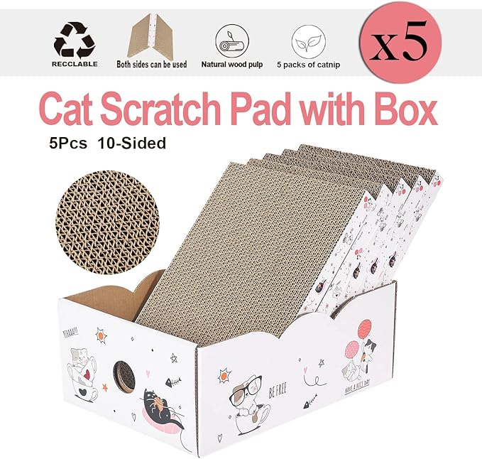 5 Packs in 1 Cat Scratch Pad with Box, Cat Scratcher Cardboard,Reversible,Durable Recyclable Cardboard, Suitable for Cats to Rest, Grind Claws and Play with Scratch Box-PurrikoPets