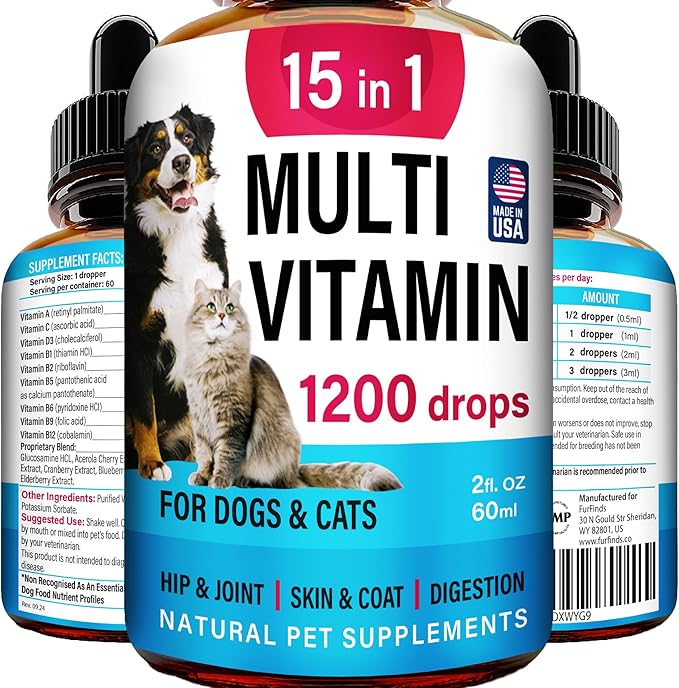 Advanced 15-in-1 Multivitamin for Dogs & Cats - Premium Liquid Supplement with Glucosamine, Vitamin B Complex and Cranberry for Joint, Digestive, Skin, Immune & UTI Support - 2.0 Fl Oz - Made in USA-PurrikoPets