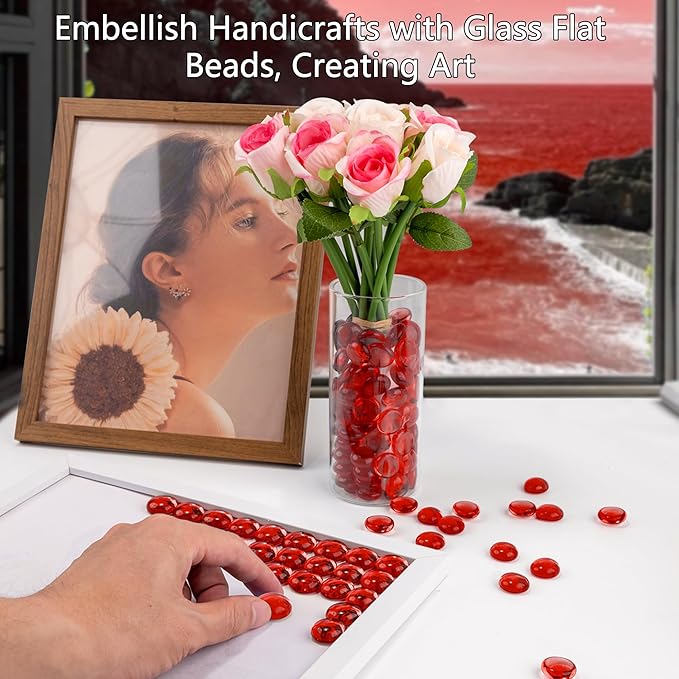 1LB Red Glass Marbles, Transparent and Smooth Flat Glass Beads for Vases, Mosaic Gem Pebbles for Aquarium Decor, Floral Arrangements, Mancala Stones, Vase Filler and Crafts (Approx. 80-100 PCS)-PurrikoPets
