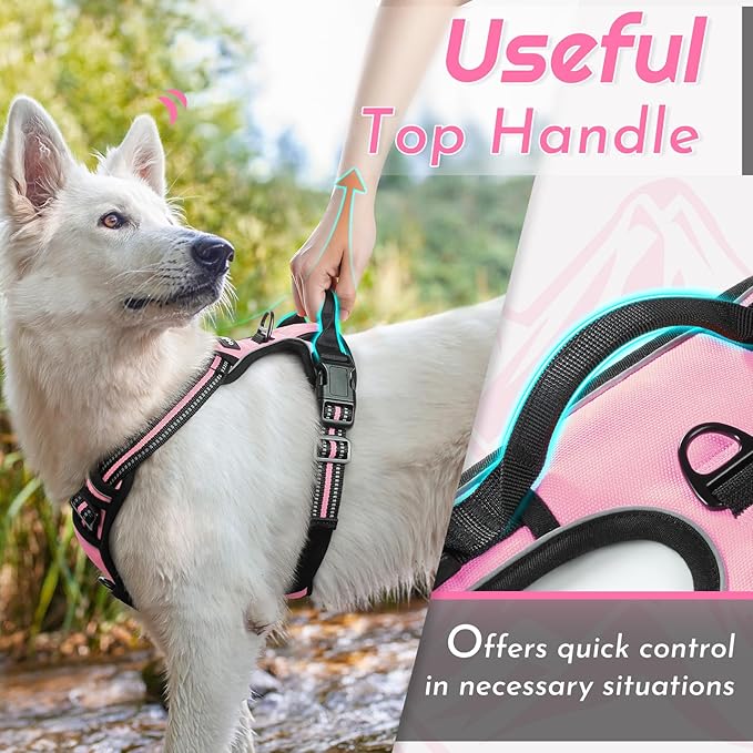 Eagloo Dog Harness Large Breed, No Pull Service Vest with Reflective Strips and Control Handle, Adjustable and Comfortable for Easy Walking, No Choke Pet Harness with 2 Metal Rings, Pink, XL-PurrikoPets