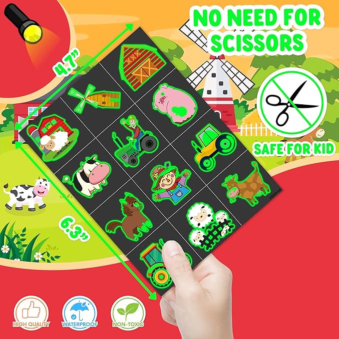 96 PCS Farm Barnyard Animal Glow In The Dark Pre-Cut Temporary Tattoos Sticker 1st First 2nd Birthday Decorations Party Favors Supplies Gift Boy Girl Farmhouse Tattoo School Reward Themed (Luminous)-PurrikoPets