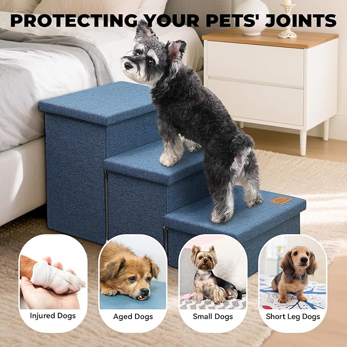 Dog Stairs with Storage 18" H, 3-Step Wider Dog Steps for Small/Medium/Large Dogs Cats, Folding Sturdy Pet Stairs Climbing Bed or Sofa, Ramp for Car Hold Up to 200 lbs (Navy Blue, No Condo)-PurrikoPets