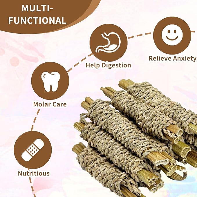 Fhiny 12 PCS Rabbit Chew Sticks, Natural Papaya Wood Seagrass Guinea Pig Chew Toys for Teeth Small Animal Molar Sticks Snacks for Bunny Guinea Pig Chinchilla Ferret Hamster Gerbil Dental Care-PurrikoPets