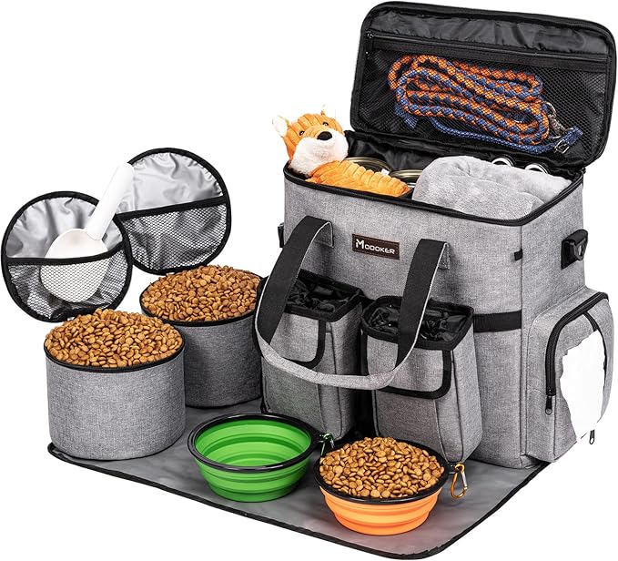 Airline Approved Dog Travel Bag with 2 Dog Treat Training Pouches, Tote Organizer for Weekend Pet Travel Supplies & Accessories, 2 Collapsible Bowls, 2 Food Container (Grey)-PurrikoPets