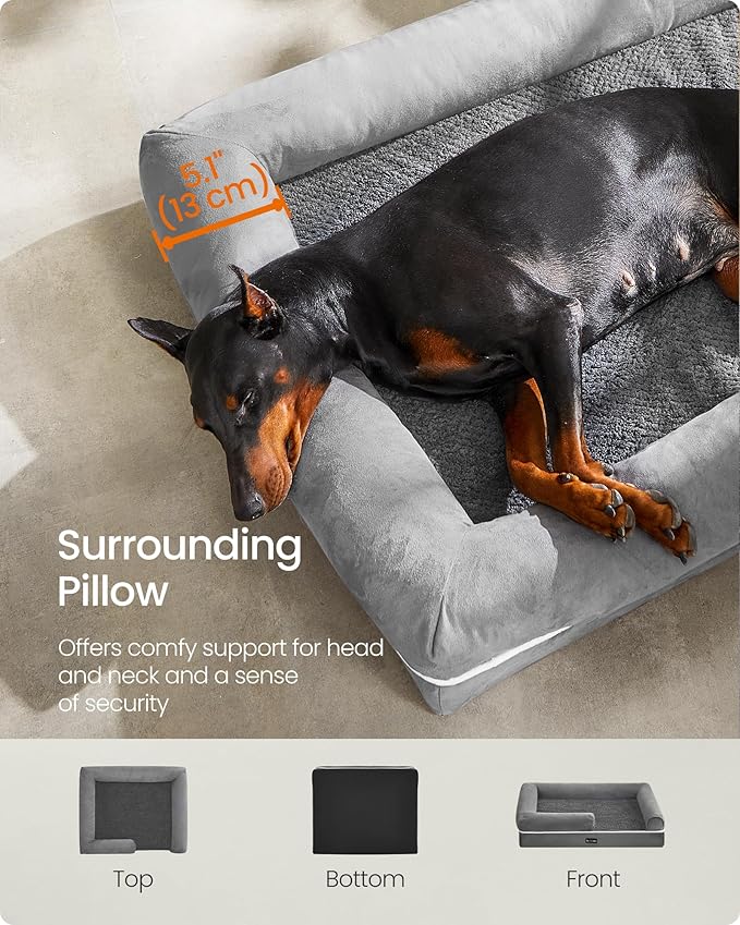 Feandrea Orthopedic Dog Bed, Large Dog Bed Waterproof, Removable Washable Cover Sofa with Non-Slip Bottom, Raised Edges, 48 x 33 x 8 Inches, Light Gray UPGW078G02V1-PurrikoPets