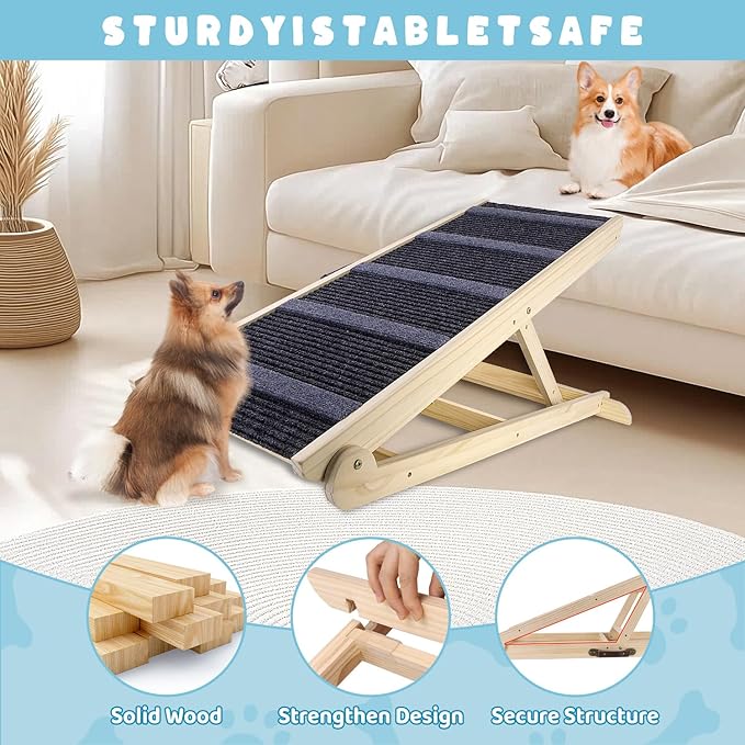 Dog Ramp for Bed, 6 Adjustable Height from 13.8" to 25.6", Folding Portable Wooden Pet Ramp for Small Dogs - Non-Slip High Traction Dog Ramp for High Bed Couch and Car Up to 200lbs-PurrikoPets