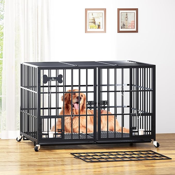 aboxoo 48/42 inch XL Dog Crate for Large Dog/Double Medium Dogs,Heavy Duty Metal Dog Cages,All Metal Open Top,Dog Kennel Indoor with Wheels,Floor Grid, Tray, Divider and Feeding Bowl-PurrikoPets