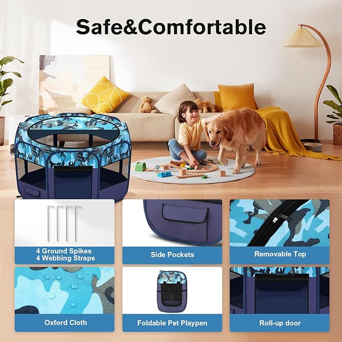 Dog Playpen, Pet Playpen, Portable Cat Playpen, Pop Up Foldable Puppy Playpen Exercise Kennel Tent with Carry Case Collapsible Bowl,Water-Resistant Shade Cover for Indoor Outdoor Travel (Extra Large)-PurrikoPets