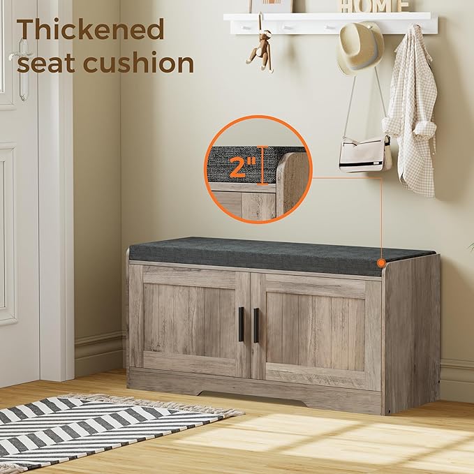 2-Tier Storage Bench, Shoe Bench with Thickened Padded Seat Cushion, Entryway Bench with 2 Doors, Adjustable Shelf, 13.8" D x 37.4" W x 18.5" H, for Entryway, Living Room, Bedroom, Greige-PurrikoPets