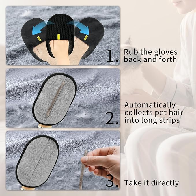 3 Pcs Pet Hair Removal Glove, Electrostatic Pet Hair Removal Gloves, Reusable Cat and Dog Hair Remover, for Couch, Carpet, Furniture, Car, Bedding, Cat Grooming Gloves-PurrikoPets