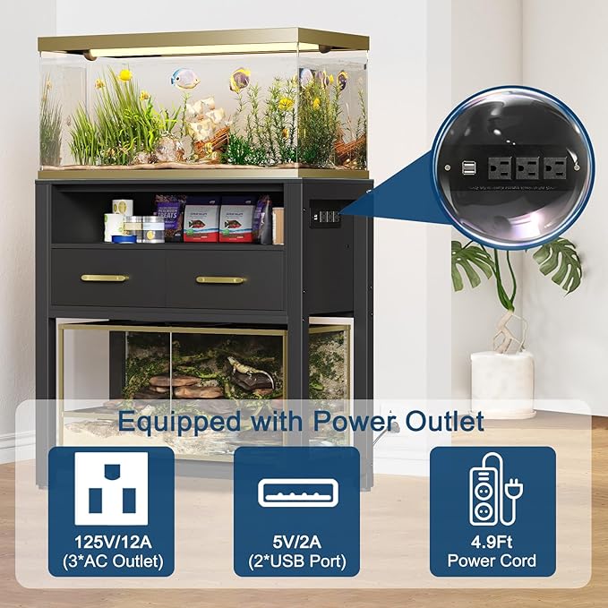 20-29 Gallon Aquarium Stand with Power Outlet & 2 Storage Drawers, Heavy Duty Metal Frame Fish Tank Stand with Waterproof Mat, 30.7" L*15.7" W Tabletop, 550LBS Capacity, Black-PurrikoPets