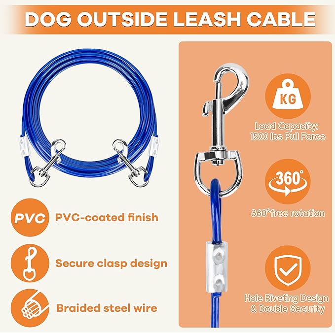 Dog Tie Out Stake, Heavy Duty 360°Swivel Dog Outside Lead Cable, Screw in Spike Auger Ground Stake Anchors with Power Nut Drill Bit, T Wrench and Leash, for Yard Camping Beach-PurrikoPets