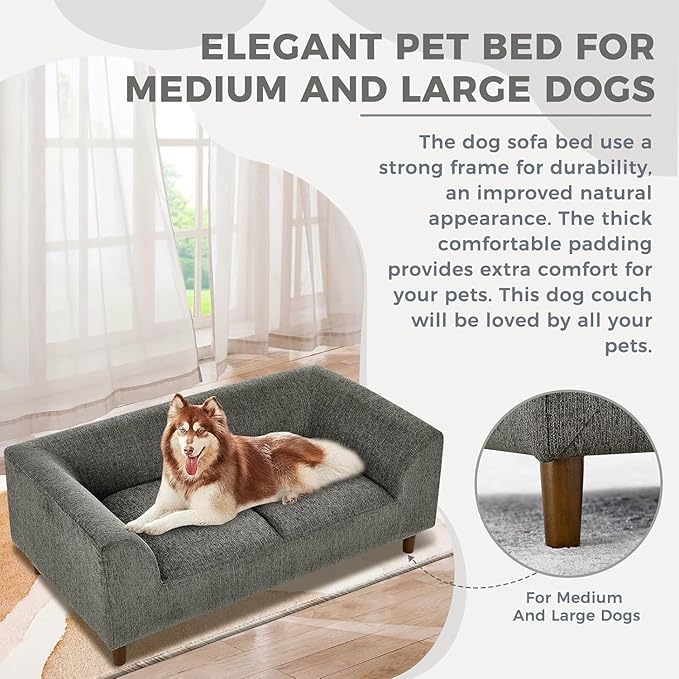 Dog Sofa Couch for Medium to Large Dogs, Memory Foam Dog Sofa Bed, Modern Elevated Pet Couch Bed with Wooden Legs for Medium and Large Dogs, Dark Grey-PurrikoPets