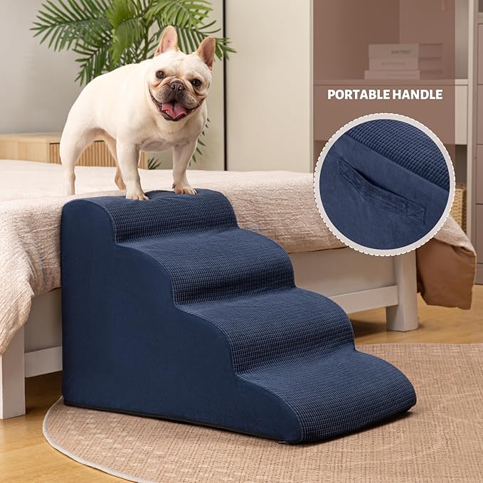 4-Step Dog Stairs and Ramp for Beds or Couches,Non-Slip Sturdy Pet Steps for Small Dogs and Cats,17.4" H,Blue-PurrikoPets