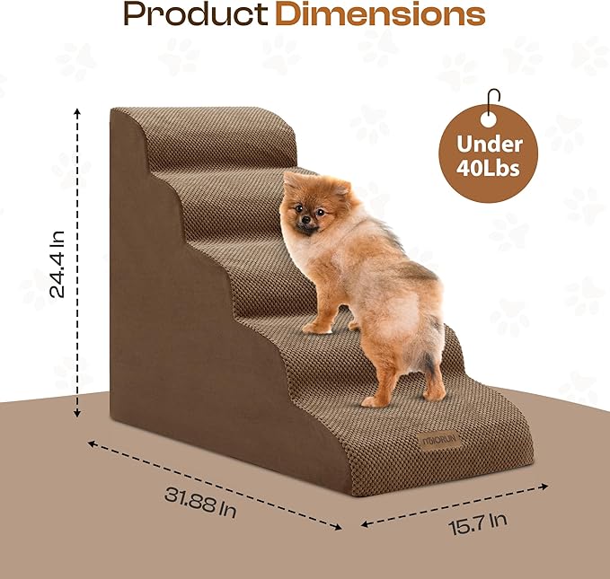 Dog Stairs for High Beds Up to 26-30", 5-Step Foam Pet Ramp with Washable Cover, Gentle Slope Steps, Bed & Couch Ladder for Small Medium Dogs & Senior Cat, Puppy Stairs to Get on Tall Furniture-PurrikoPets