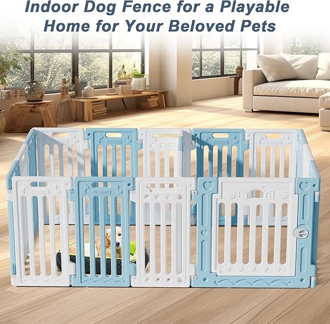2 Room Dog Playpen with Door,DIY Shape Combination Puppy Pen,16-Panel+2 Link Piece+Large Door+Small Door,25.5" H Dog Fence,Non-Slip&Secure Pet Gate,Easy to Assemble,Blue+White-PurrikoPets