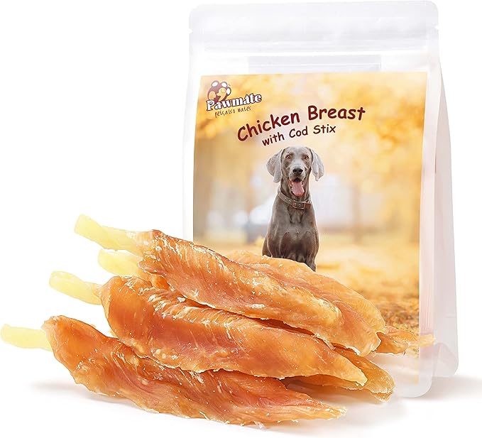 Dog Treats Chicken Tender Wrapped Cod Sticks, Rawhide-Free High Protein Dog Jerky Soft Chews, Healthy Training Snacks for Small Medium Large Dogs, 9-10 Counts, 10.6 oz-PurrikoPets