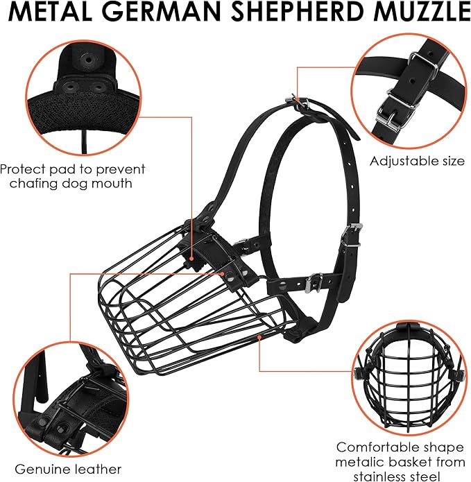 German Shepherd Dog Muzzle Metal Basket for Medium Large Dogs Adjustable Durable Leather Straps Secure Wire Mask for Biting Chewing Barking (Black, L - Size)-PurrikoPets