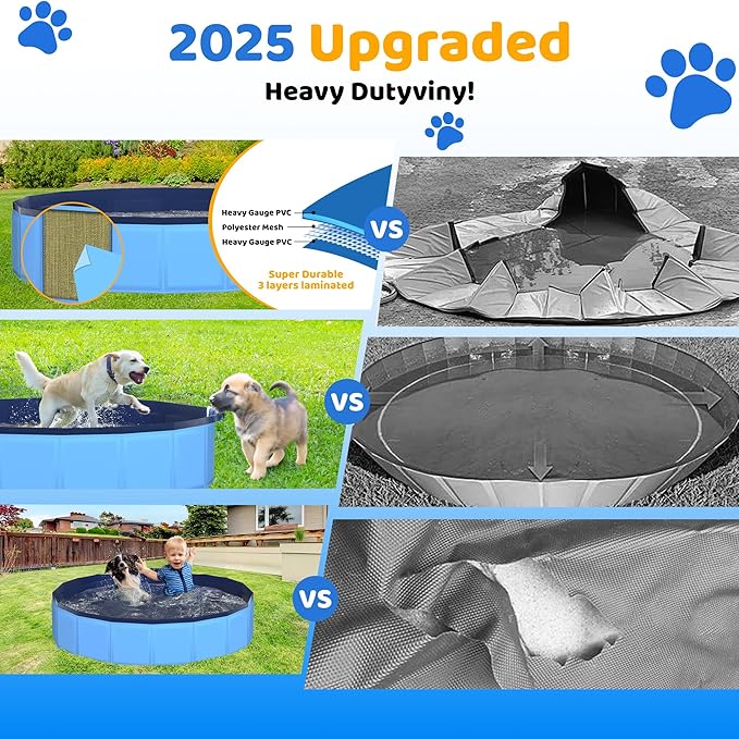 79" x 12" Foldable Dog Pool - Collapsible Hard Plastic Kiddie Pool for Dogs & Kids, Non-Slip Pet Bath Tub for Outdoor Backyard Use, Lightweight & Portable (Blue)-PurrikoPets