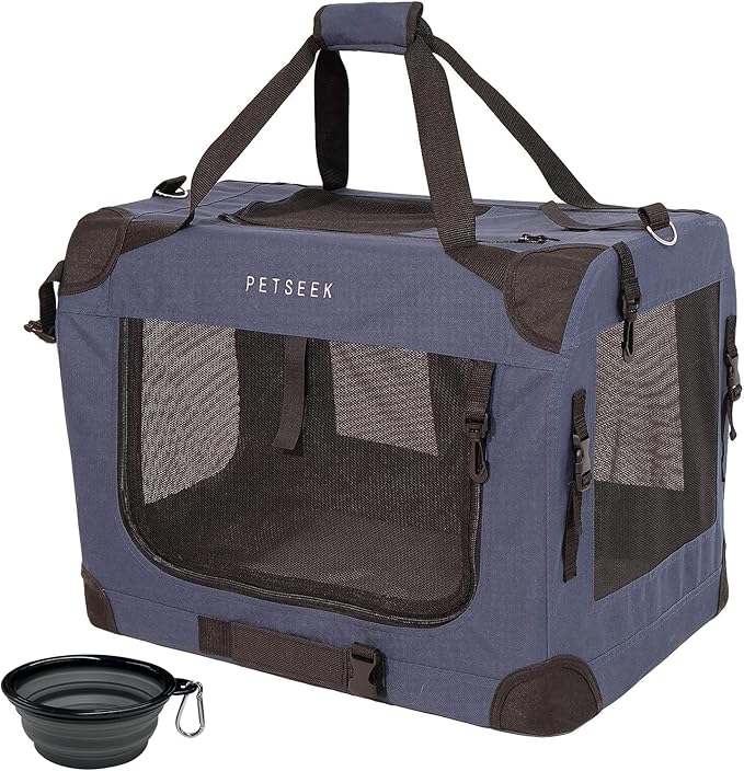 Extra Large Cat Carrier Soft Sided, Portable Small Dog Carrier for 2 Cats, 24"x16.5"x16" Car Travel Folding Comfortable Design with Bowl, Blue-PurrikoPets