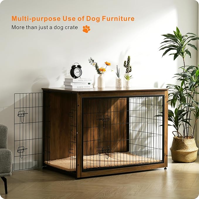 DWANTON Dog Crate Furniture with Cushion, Wooden Kennel Table with Double Doors, Indoor Dog House, Extra Large, 43.3" L, Warm Brown-PurrikoPets