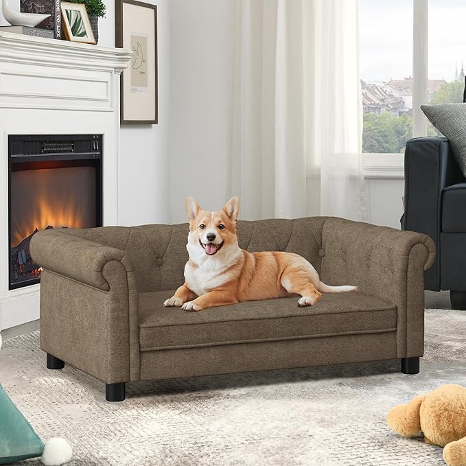 Dog Sofa Couch for Medium to Large Dogs, Memory Foam Pet Sofa Couch with Washable Fabric, Durable Elevated Dog Bed with Legs, Removable Cushion for Medium and Large Dogs, Brown-PurrikoPets
