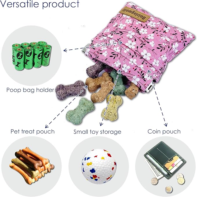 Dog Treat Pouch, Small Cotton Pocket Sized Training Holder, Hand Free Walking Fanny Bag with Carabiner, Self-Closing Pet Feed Snack Reward, Behavior Aids for Puppy Travel or Outdoor Use-PurrikoPets
