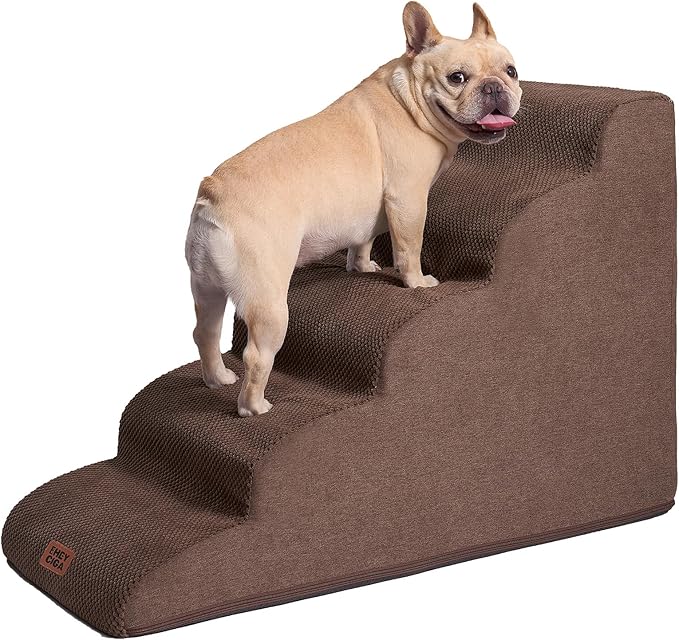 EHEYCIGA Curved Dog Stairs Ramp for High Beds 22.6" H, 5-Step Dog Steps for Small Dogs and Cats, Pet Stairs for High Bed Climbing, Non-Slip Balanced Pet Step Indoor, Brown-PurrikoPets