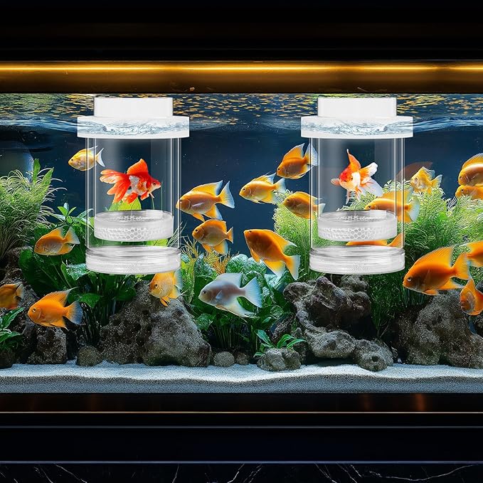 2 Pcs Breeder Box for Fish Tank Aquarium Breeder Separation Net Breeding Box with Suction Cup for Small Fish Shrimp Clownfish Guppy(White,M)-PurrikoPets