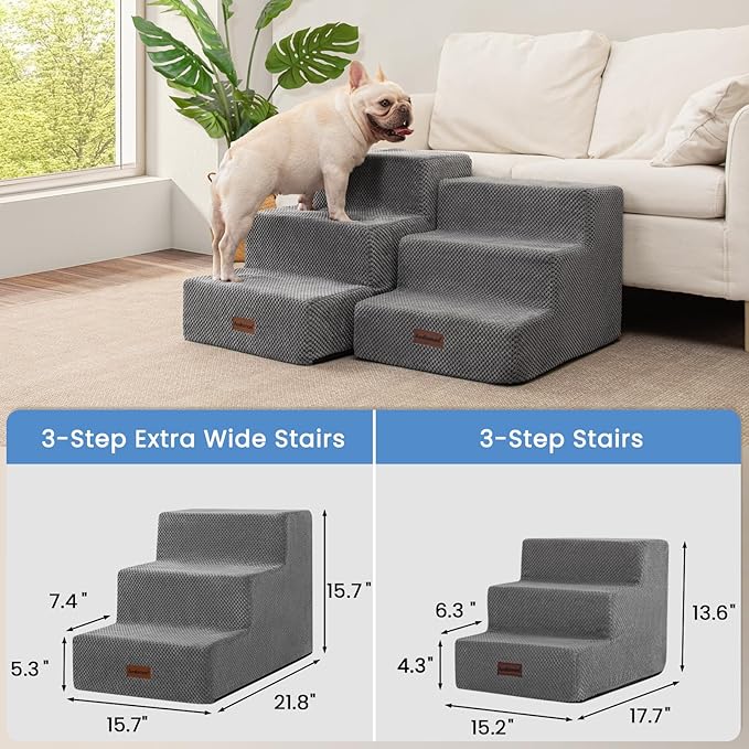 Dog Stairs for Small Dogs & Cats, 3-Step Non-Slip Pet Steps for Couch Sofa and Chair, Grey, 13.6" H-PurrikoPets