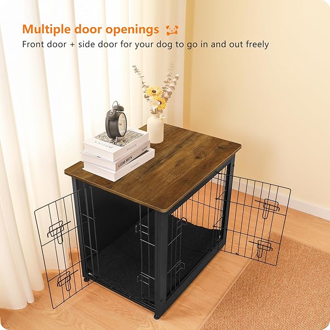 DWANTON Dog Crate Furniture with Cushion, Wooden Kennel Table with Double Doors, Indoor Dog House, Small/Medium/Large Size, 27.2" L, Black+Warm Brown-PurrikoPets
