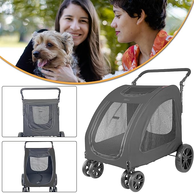 Extra Large Dog Stroller for Medium & Large Pets - Foldable Design, Adjustable Handle, Up to 130 lbs(Black)-PurrikoPets