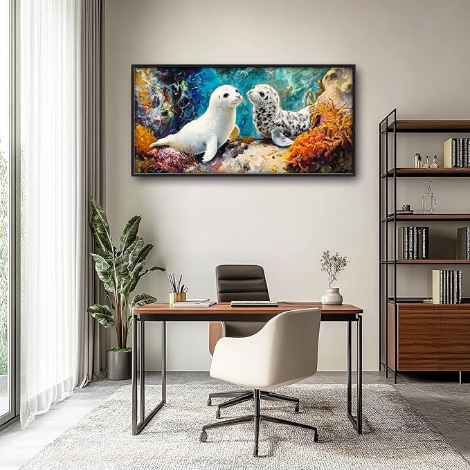 Extra Large Seal Framed Wall Art for Living Room,Oversized Underwater Animal Pictures Wall Decor,Ocean Coral Reef Canvas Print Painting Modern Artwork Bedroom Office Bathroom 60L" x 30W"-PurrikoPets
