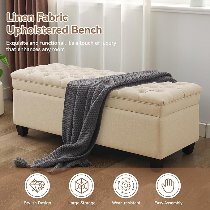51" Fabric Storage Ottoman Bench, Upholstered Rectangle End of Bed Storage Ottoman Tufted Living Room Bedroom Bench with Safety Hinge, Solid Wood Legs, Loads 500 lb(Khaki)-PurrikoPets