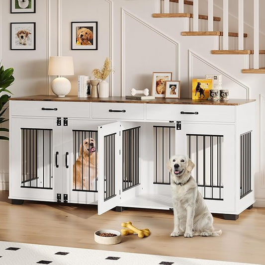 71 Inch Dog Crate Furniture for 2 Rooms, Wooden Double Crate Large Breed with Door, Dog Kennel Indoor, TV Stand End Table with Divider for Large Medium Dogs,White/Brown-PurrikoPets