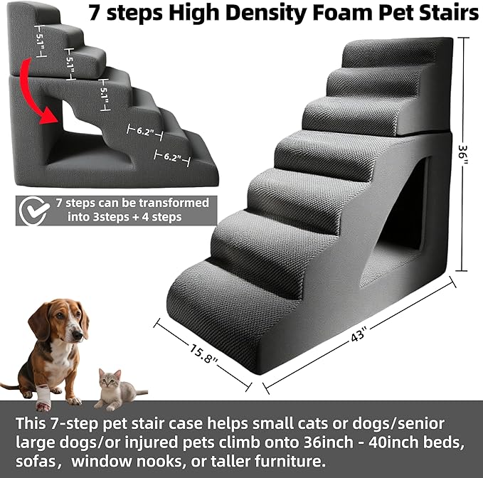 7 Step Pet Stairs Ramp for High Beds Sofas 22-42 Inch, Non-Slip Dog Stairs for Small Old Medium Large XL Dogs Cats, Sturdy 75 Pounds 33D Foam Balanced 6-Tier Ladder with Machine Washable Cover-PurrikoPets