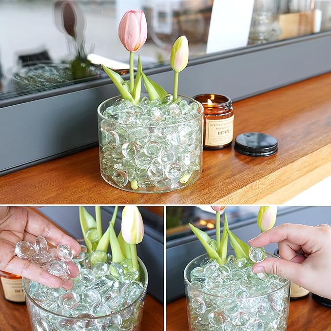 1LB Clear Flat Glass Marbles for Vases, Gemstone Beads Vase Filler Decorative Glass Pebbles for Fish Tank, DIY Crafts, Aquarium Decor Rocks-PurrikoPets