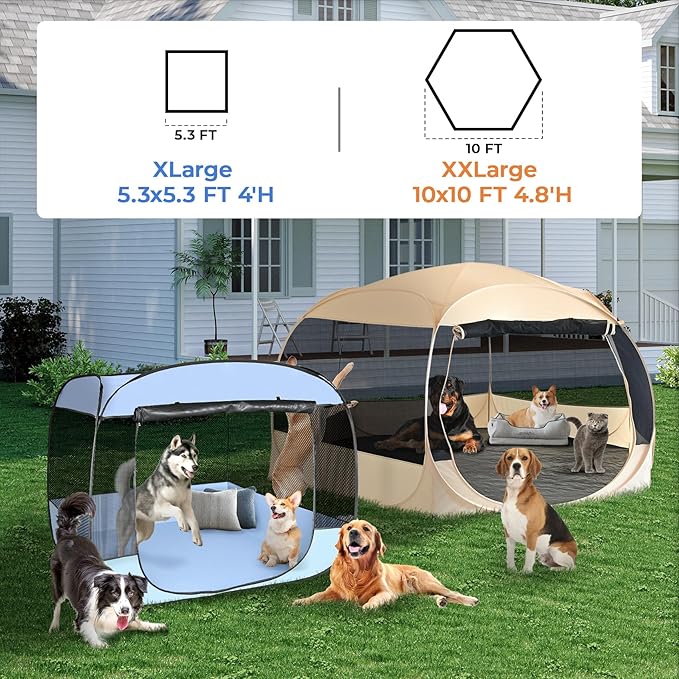 EighteenTek XXLarge Popup Portable Dog Houses, 10'x4.8'H Assembly-Free Gazebo-Style Dog Cot Cat Playpen Screen Pet Tent Sun Shade Shelter Dog Bed with Canopy for Outdoor Anti-Bugs with Leakproof Floor-PurrikoPets