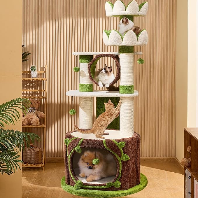73‘’ Tall Flower Cat Tree for Indoor Cats Large Adult, Luxury Cat Tower with Scratching Post, Heavy Duty Modern Cat Furniture for Large Cats, Removable Mats, Multi-Level Cat House with Toy Ball-PurrikoPets