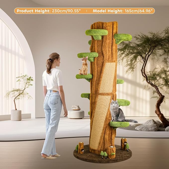 90.5'' Luxury Cat Tree for Indoor Cats, All-in-One Tall Cat Tower with Scratching Post, Multi-Level House, Wood Condo for Multi-Cat Families (Green)-PurrikoPets