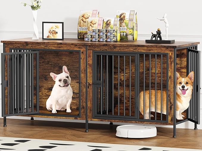 EasyCom 63" Dog Cage Furniture for 2 Pets with Divider, XL Wooden Double Dog Crate Furniture TV Stand for Mideum Breed, Durable and Sturdy-PurrikoPets