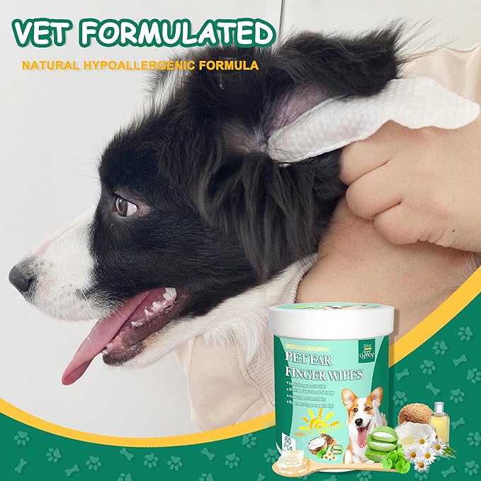 60 ct Pet Ear Finger Wipes for Dogs - Extra-Coverage and Large Design with Coconut Oil and Aloe Vera, Relieve Ear Itching and Inflammation, Remove Ear Wax and Debris, Soothing Cleansing Deodorizing-PurrikoPets