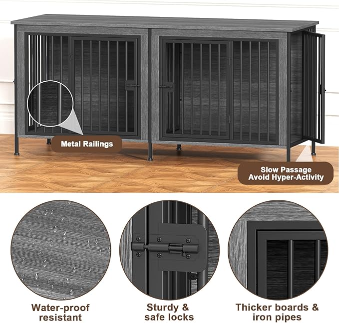 EasyCom 63" Dog Cage Furniture for 2 Pets with Divider, XL Wooden Double Dog Crate Furniture TV Stand for Mideum Breed, Durable and Sturdy-PurrikoPets