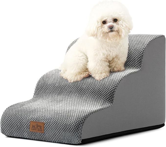Dog Stairs for Small Dogs 15.7" H, Curved Dog Step for Puppy, Older Cat, Medium Pet Ramp for Sofa, Couch or Bed, Ladder with High Density Foam, 15.7x22.4x15.7 inch, 3 Step, Grey-PurrikoPets