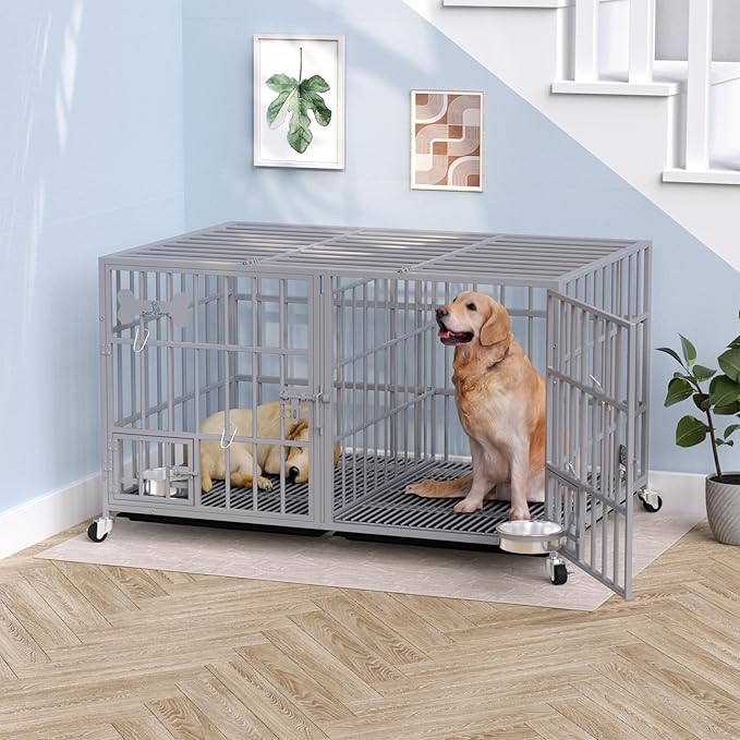 aboxoo 48/42 inch Heavy Duty Metal Dog Crate for 2 Dogs/Large Dog,All Metal Open Top,Dog Kennel Indoor with Wheels,Floor Grid, Tray, Divider and Feeding Bowl (Sliver)-PurrikoPets
